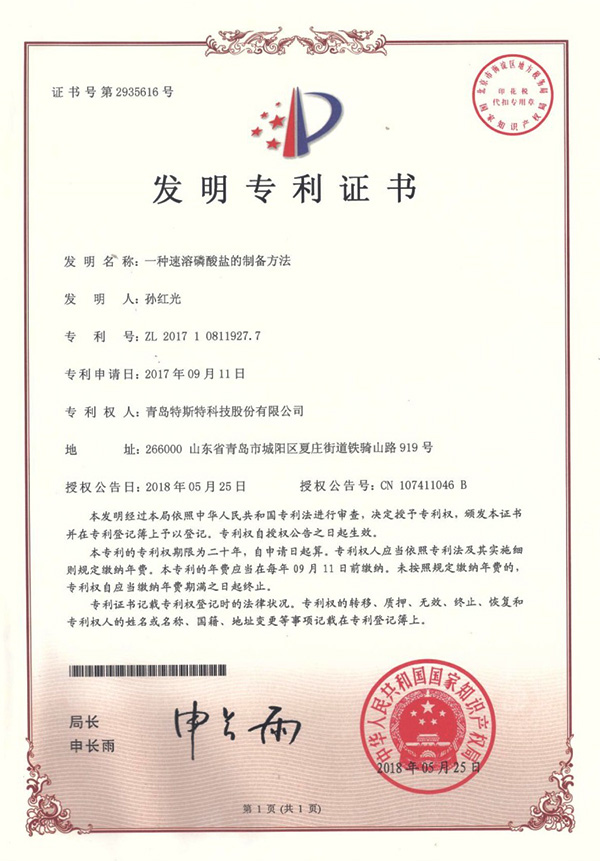 熱烈祝賀青島特斯特獲得一項發明專利授權 熱烈祝賀青島特斯特獲得一項發明專利授權